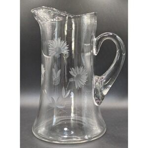 VTG 1930's Depression Era Etched Crystal Pitcher Coneflowers Applied Handle 2 QT